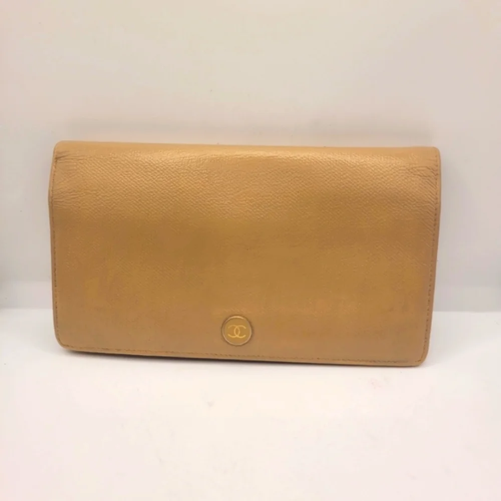 CHANEL CC Interlocking Vintage Caviar Leather Beige Long Wallet
